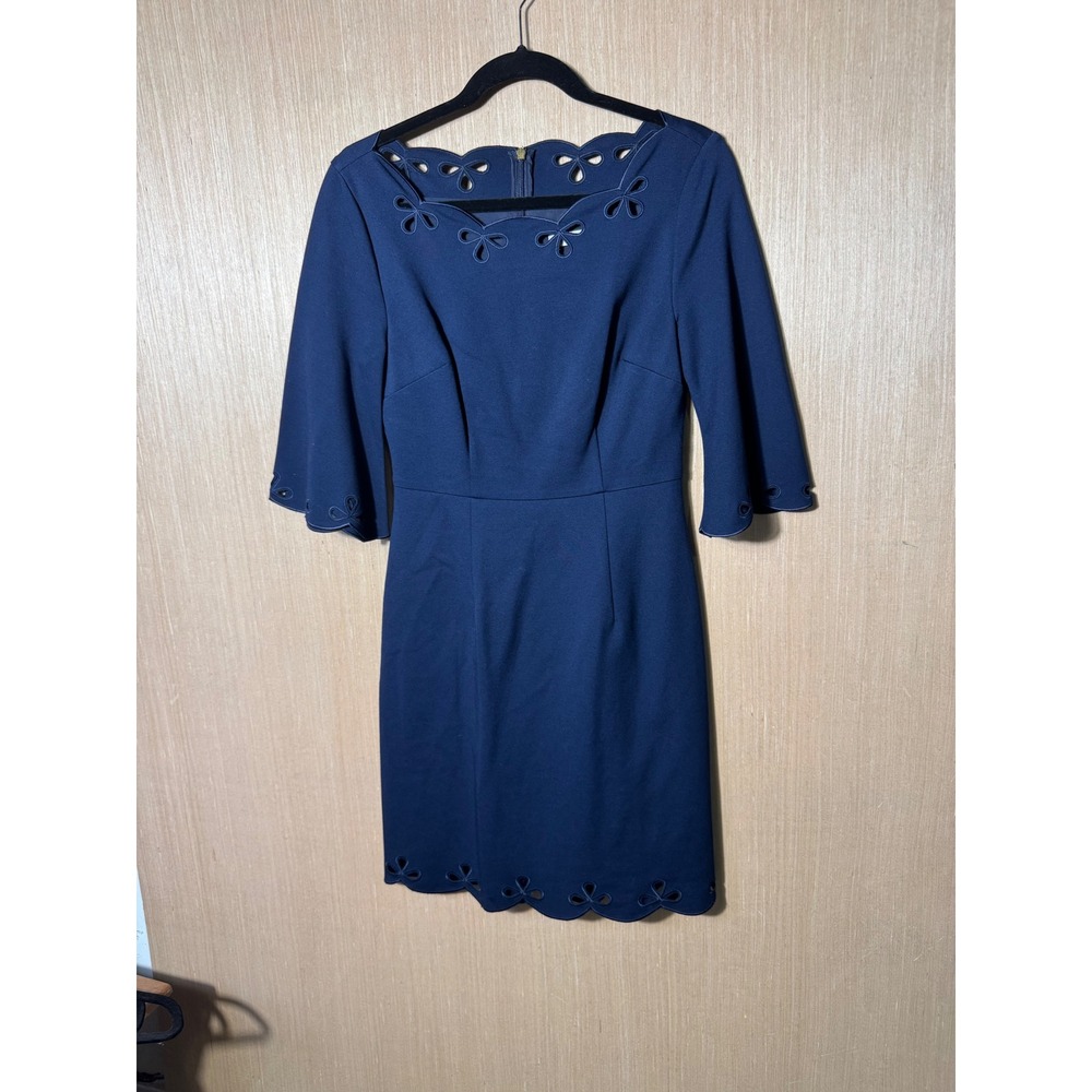 Trina Turk Preppy Nautical Navy Blue‎ Dress Size 2 Scalloped Neckline Career